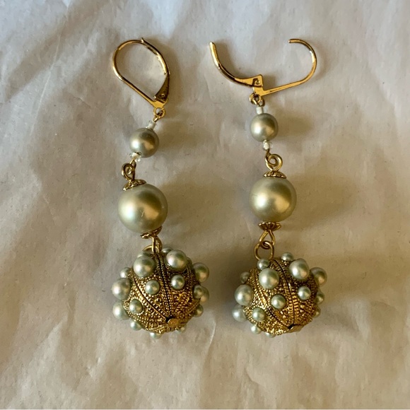 Gold & Pearl Statement Dangle Earrings - Picture 5 of 7